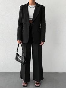 EURMUSE Lapel Neck Single Button Blazer & Suit Pants - Black - View 1
