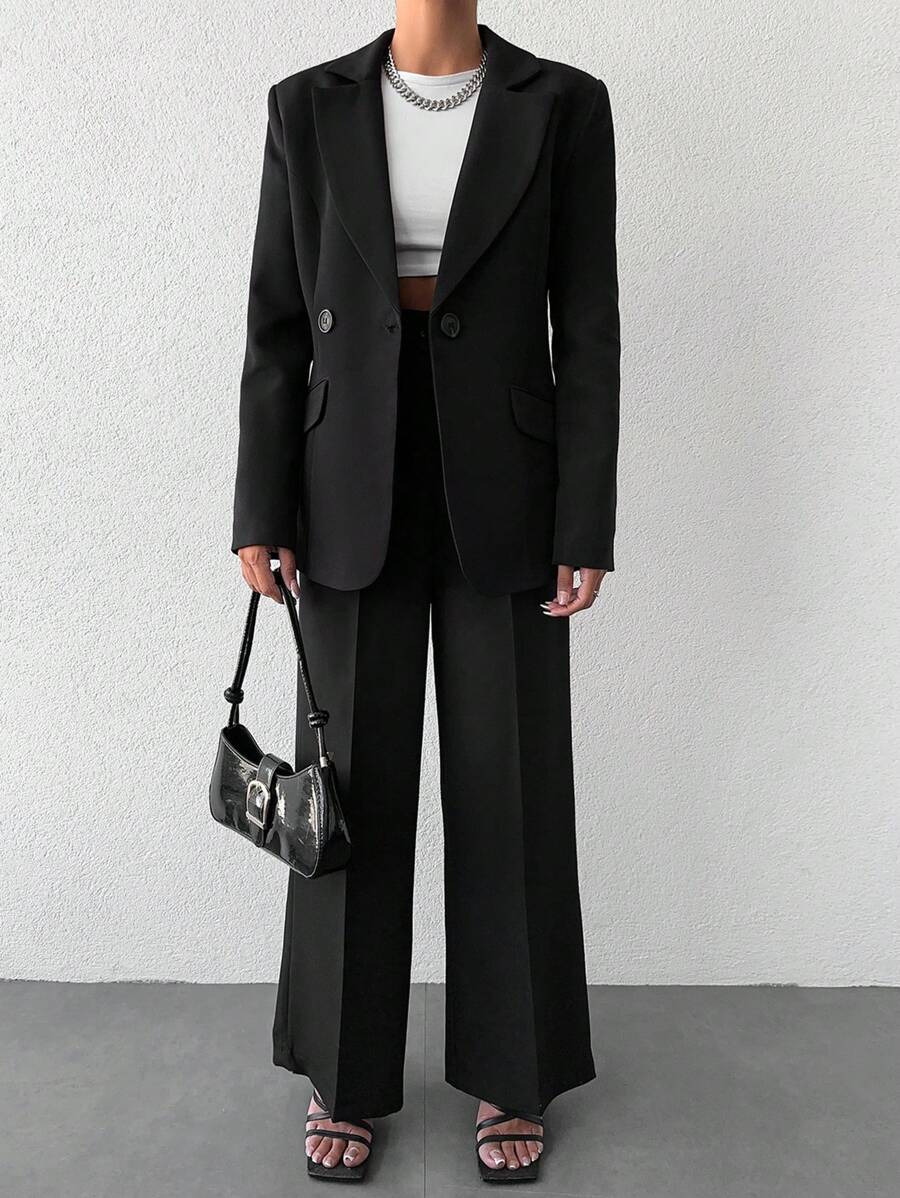 EURMUSE Lapel Neck Single Button Blazer & Suit Pants - Black - View 1