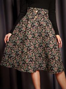 Vintamour Floral Print Button Detail Flare Skirt - Black - View 3