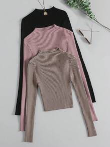 Franclia 3 件套立领罗纹针织毛衣、长袖上衣