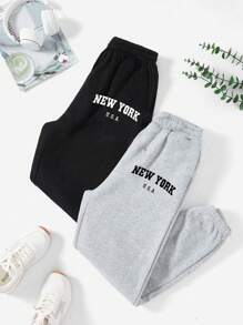 INAWLY 2pcs Letter Graphic Elastic Waist Sweatpants Graduation,Back To School Outfits,Graduation,Teacher Outfits For Women,Back To School Fall Cloth For Women - Multicolor - View 1