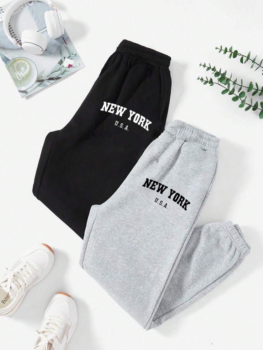 INAWLY 2pcs Letter Graphic Elastic Waist Sweatpants Graduation,Back To School Outfits,Graduation,Teacher Outfits For Women,Back To School Fall Cloth For Women - Multicolor - View 1