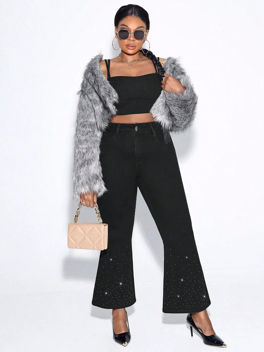 SHEIN SXY Plus High Waist Flare Leg Jeans - Black - View 1