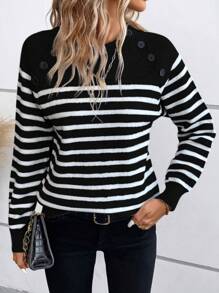 SHEIN LUNE Striped Pattern Button Detail Sweater,Long Sleeve Tops Knit Pullover Fall Winter Sweater - Black - View 4