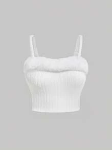 SHEIN MOD Trang trí Fuzzy Cami ngọn - trắng - Xem 1