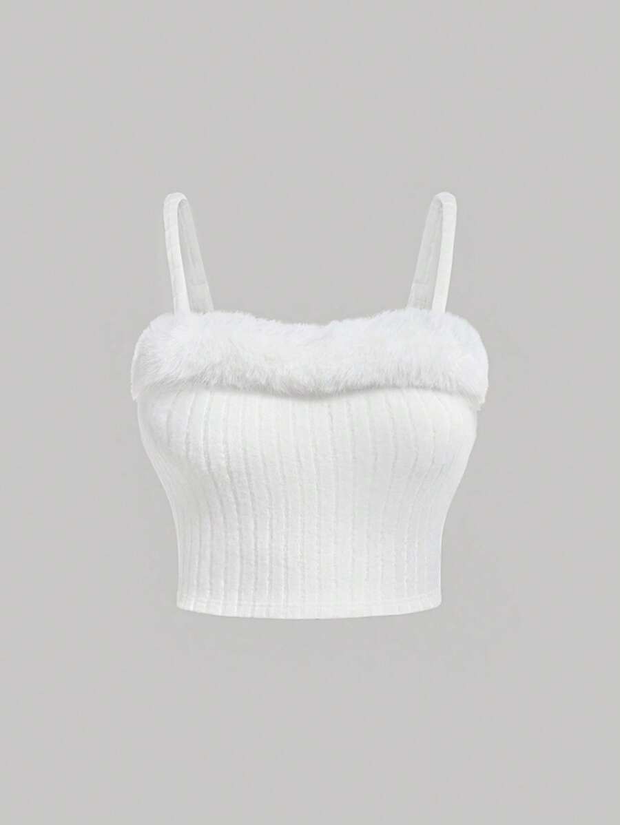 SHEIN MOD Trang trí Fuzzy Cami ngọn - trắng - Xem 1