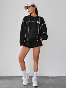 SHEIN EZwear Letter Patched Contrast Piping Drop Shoulder Crop Sweatshirt In Fall/Winter - Black - View 7