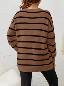 SHEIN Maternity Striped Pattern Drop Shoulder Sweater, For Winter - Brown - View 2