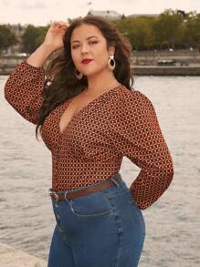 SHEIN Frenchy Plus Allover Print Lantern Sleeve Blouse - Brown - View 5