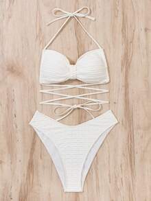 Bộ bikini dây chéo trơn trơn - trắng - Xem 4