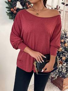 SHEIN LUNE Plus Solid Batwing Sleeve Pocket Patched Tee - Red - View 5