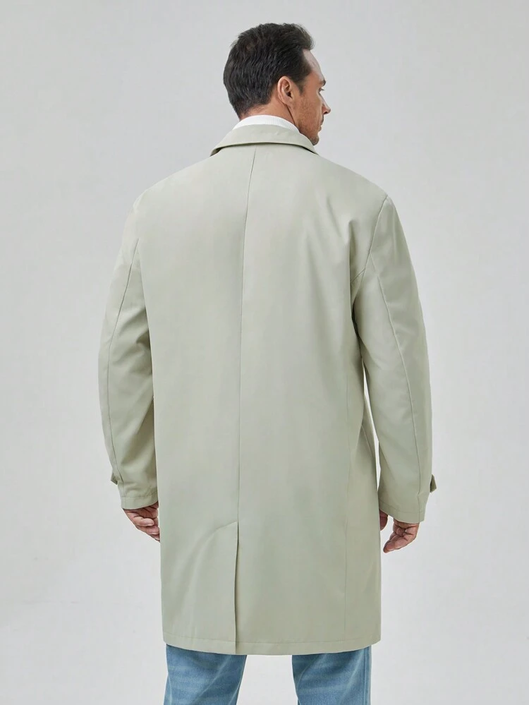 Loose Fit Men Plus Size Single Breasted Solid Color Trench Coat, For Fall Winter