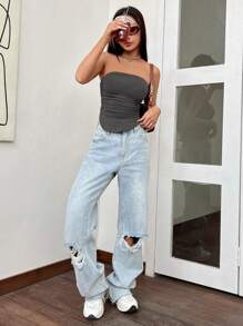 SHEIN PETITE 素色褶邊弧形下擺抹胸上衣 - 灰色 - 查看 4