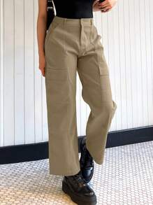 SHEIN EZwear 側翻蓋口袋工裝褲 - 卡其色 - 查看 5