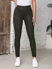 高腰緊身牛仔褲 - 軍綠色 - 查看 3