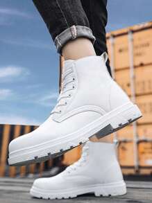 Men Lace-up Front Combat Boots, Minimalist White Boots - White - View 2
