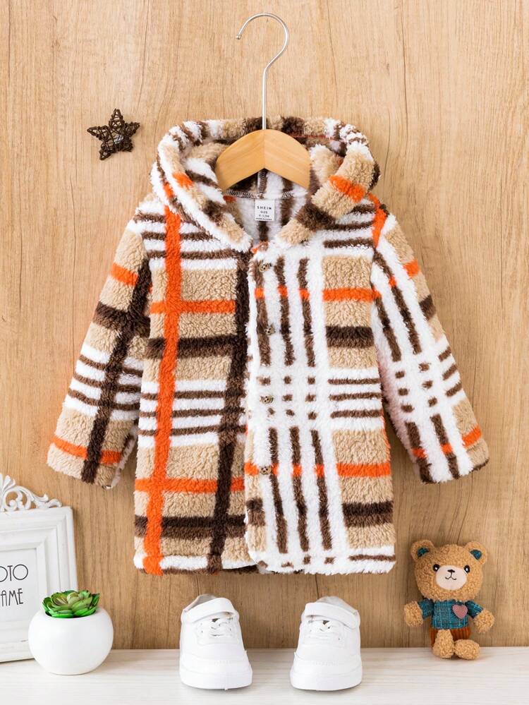 Toddler Boys' Thick Casual Cute Plaid Pattern Hooded Long Sleeve Jacket, Suitable For Outings, Holidays And Festivals, Autumn/Winter