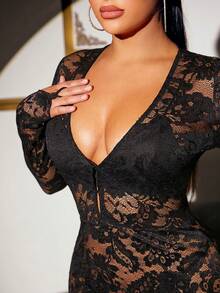 SHEIN SXY Plunging Neck Lace Bodycon Dress - Black - View 4