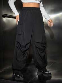 SHEIN Coolane Plus Flap Pocket Side Cargo Pants - Black - View 4