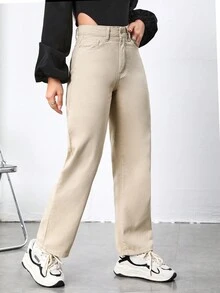 SHEIN PETITE High Waist Straight Leg Jeans - Khaki - View 5