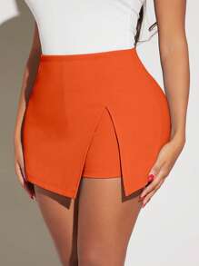 SHEIN SXY Solid Wrap Hem Skort - Orange - View 4