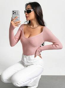 Chiquease Solid Ribbed Knit Tee Knit Pullover Sweater Fall Winter - Camel - View 4