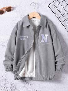 SHEIN 男大童字母刺繡加絨內裏夾克 - 灰色 - 查看 7