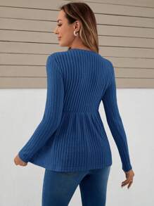 SHEIN Áo thun Peplum dệt kim gân cho bà bầu tay dài - Xanh đậm - Xem 2