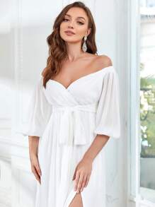 Off Shoulder Knot Side Split Thigh Chiffon Wedding Dress - White - View 4