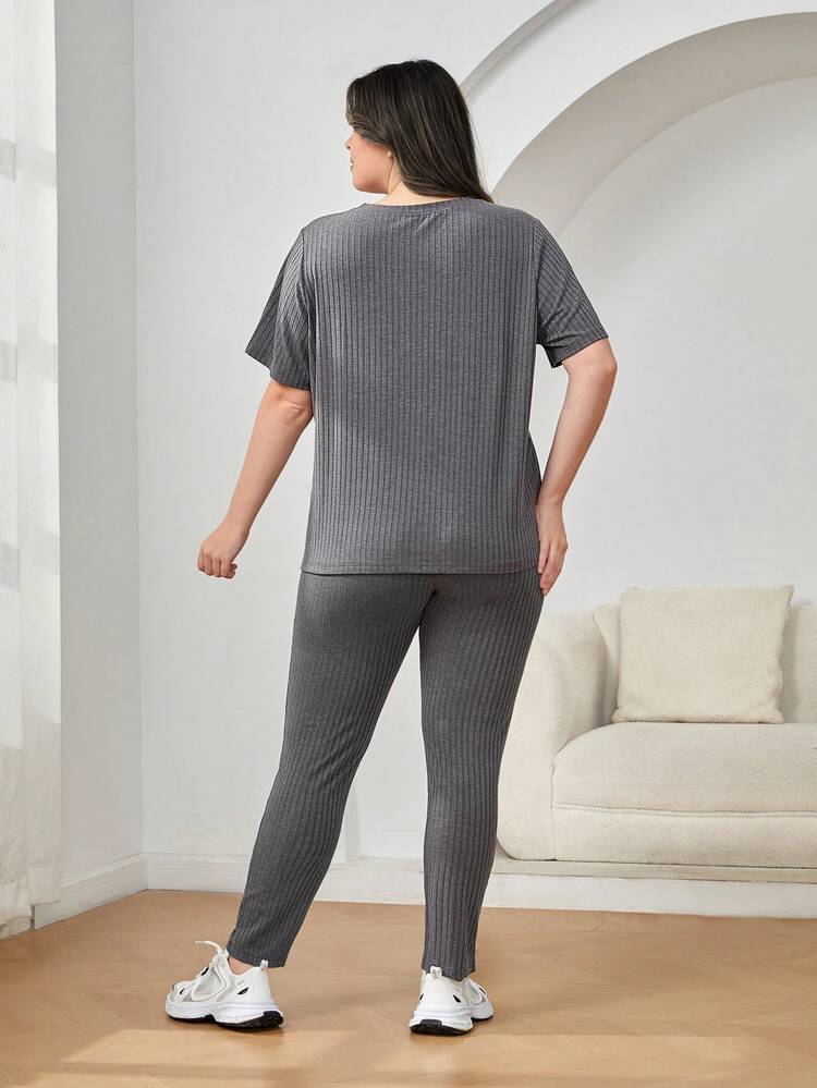 Plus Letter Patched Detail Tee & Split Hem Pants 2 Piece Set