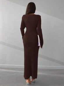 RueChic Solid V Neck Sweater Dress - Brown - View 2