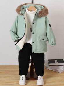 SHEIN 男小童毛茸邊毛絨內襯連帽外套無毛衣 - 綠色 - 查看 1