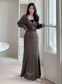 DAZY Pointelle Knit Drop Shoulder Cardigan & Knit Skirt