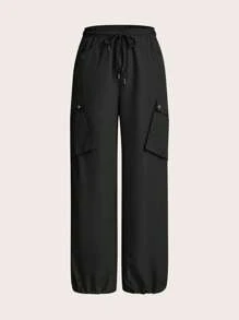SHEINNeu 素色腰部抽繩工裝褲 - 黑色 - 查看 1