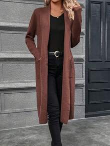 SHEIN Essnce Dual Pocket Open Front Belted Cardigan - Brown - View 6