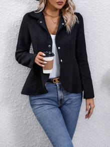 SHEIN LUNE Solid Button Front Peplum Coat - Black - View 3