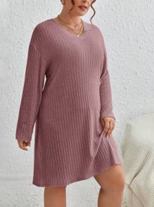 SHEIN Frenchy Plus Drop Shoulder Ribbed Knit Dress - Dusty Pink - View 4