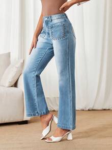 SHEIN Privé Cao eo Quần ống loe - Rửa trung bình - Xem 3