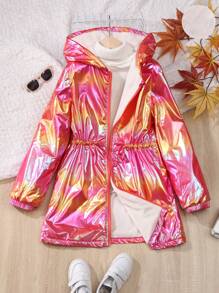 SHEIN 女大童鐳射拉鏈開襟連帽加絨內裏外套 - 粉色 - 查看 1