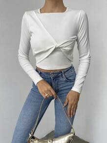 EURMUSE Twist Front Crop Tee - White - View 1