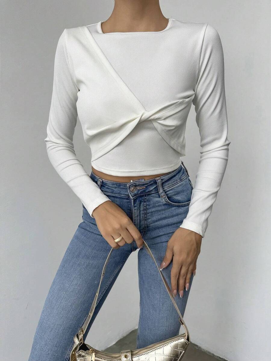 EURMUSE Twist Front Crop Tee - White - View 1