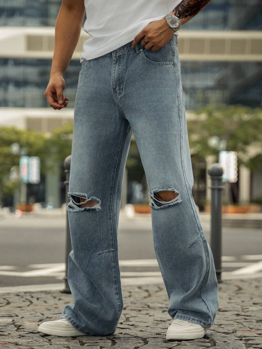 Manfinity Jeans De Pierna Recta Rasgados Y Deshilachados Para Hombres De Ajuste Holgado
