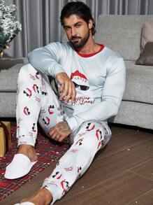 男士聖誕圖案拼接邊T恤和褲子睡衣套裝適用於聖誕 - 白色 - 查看 6