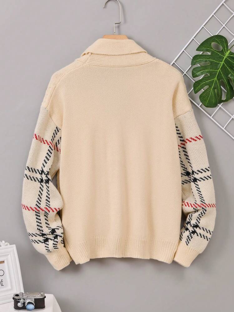 Teen Boy Plaid Pattern Shawl Collar Cable Knit Cardigan