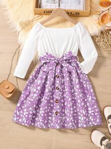 SHEIN 女小童碎花繫腰帶洋裝 - 紫色 - 查看 1
