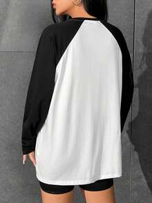 SHEIN Coolane Camiseta con estampado de tigre y slogan de manga raglán - Albaricoque - Ver 2