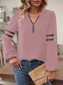 SHEIN LUNE 網紗拼接拼接半拉鏈襯衫 - 粉色 - 查看 6