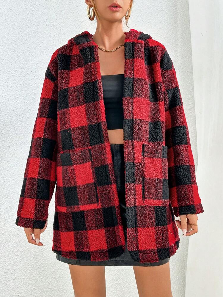 Buffalo Plaid Print Drop Shoulder Hooded Open Front Teddy Coat