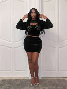 Slaydiva Rhinestone Detail Cut Out Crop Hoodie & Bodycon Skirt - Black - View 4