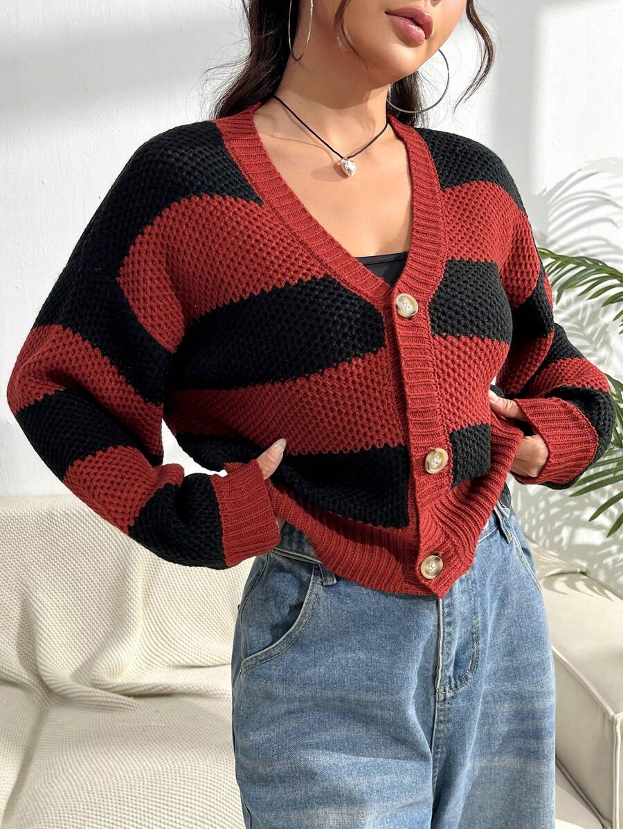 SHEIN Unity 女式V领条纹图案前扣休闲长袖开衫 - 彩色 - 查看 1